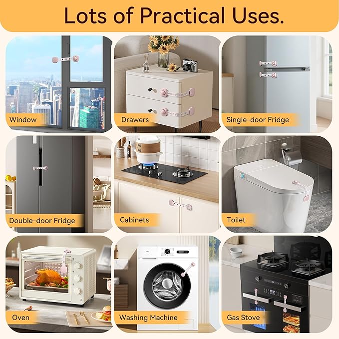 2 Pack Cabinet Locks/Refrigerator Locks Baby Proofing - Child Proof Locks for Drawer, Refrigerator, Fridge, Toilet Seat-No Screws or Tools Required (2 Pack-Pink Locks)