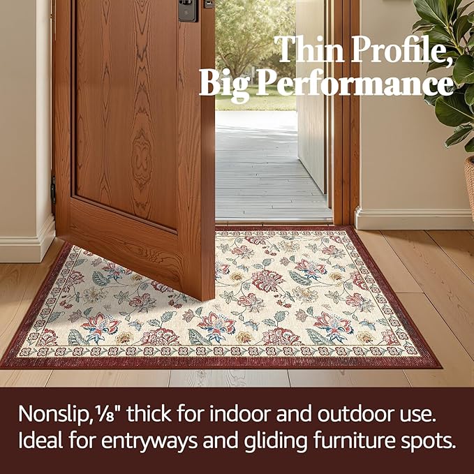 jinchan 2x3 Floral Rug for Entryway Washable Kitchen Rug Vintage Romance Design Small Mat Non Slip Indoor Doormat Lightweight Low-Profile Throw Carpet for Entrance Bathroom Laundry Room, Red/Beige