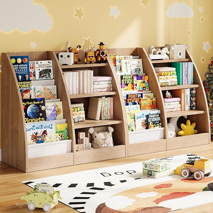 4 Tier Kids Bookshelf Set of 2,4 Layer Sling Kids Book Shelf for Kids Rooms,Wood Children Bookcase,Baby Storage Book Rack,Toddler Bookshelf, Book and Toy Organizer,Book Display Shelf for Nursery
