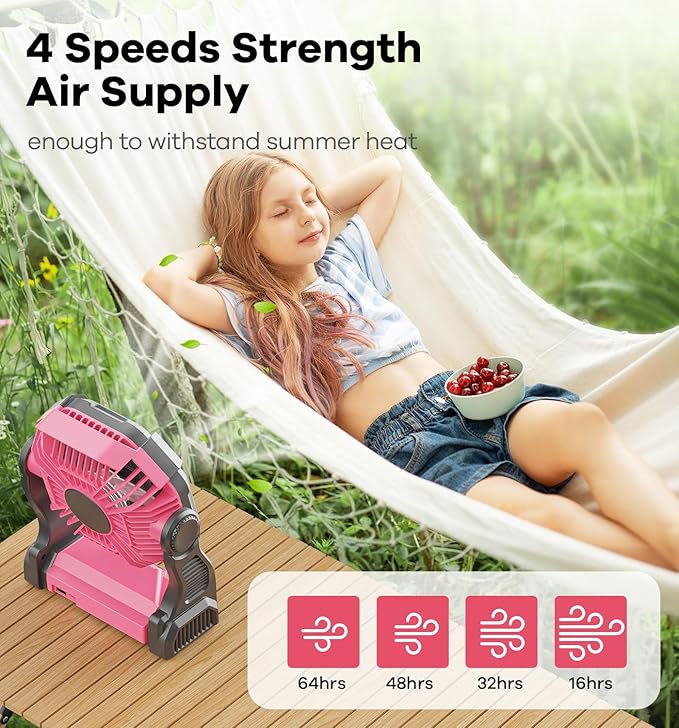 30000mAh Portable Battery Powered Camping Fan - with LED Light, Quiet Battery Operated, Camping Gear for Travel, Tent, Beach, Car or Hurricane Power Outages, Pink