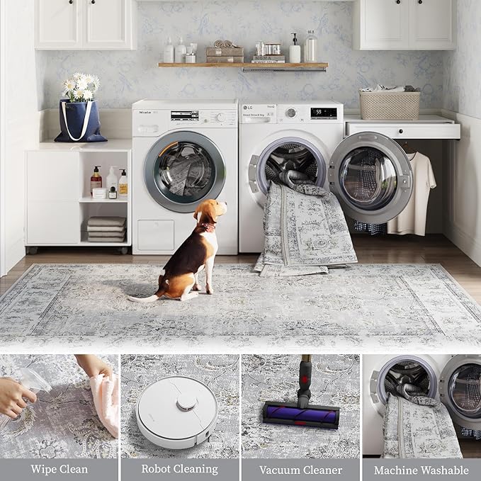 jinchan Runner Rug 2x6 Machine Washable Hallway Rug Grey Vintage Floral Print Non-Slip Low Pile Ultra-Thin for Kitchen,Entryway,Laundry Room,Bedroom,Farmhouse (2‘x6’,Grey)