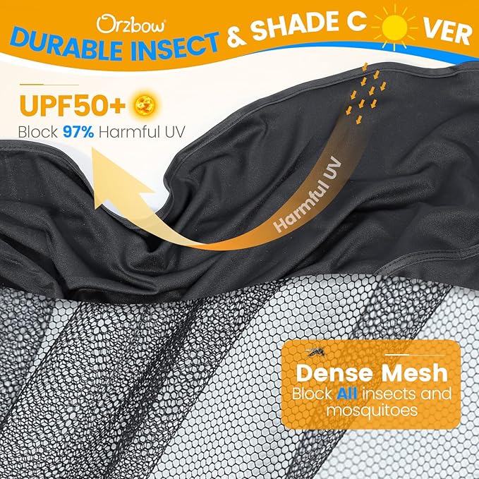 Orzbow 2-in-1 Baby Mosquito Net with UPF50+ Sunshade for Stroller, Breathable Stroller Mosquito Netting Privacy Cover with Two-Way Zipper & Storage Bag for Bassinet, Carrycot & Car Seat, Black