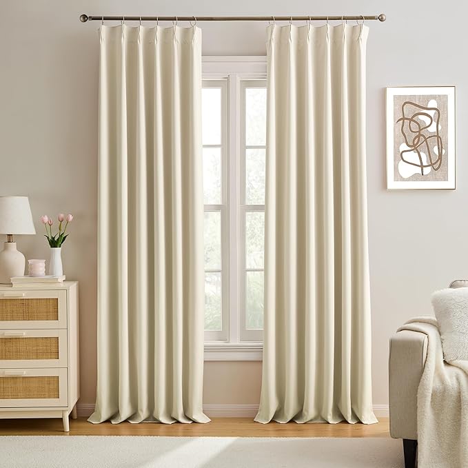 KEQIAOSUOCAI Beige Color Pinch Pleated Curtains Soft Cream,Fancy 90 Inch Curtains for Living Room,40X90 Polyester Blackout Elegant Drapes 90 inches Long with Hooks