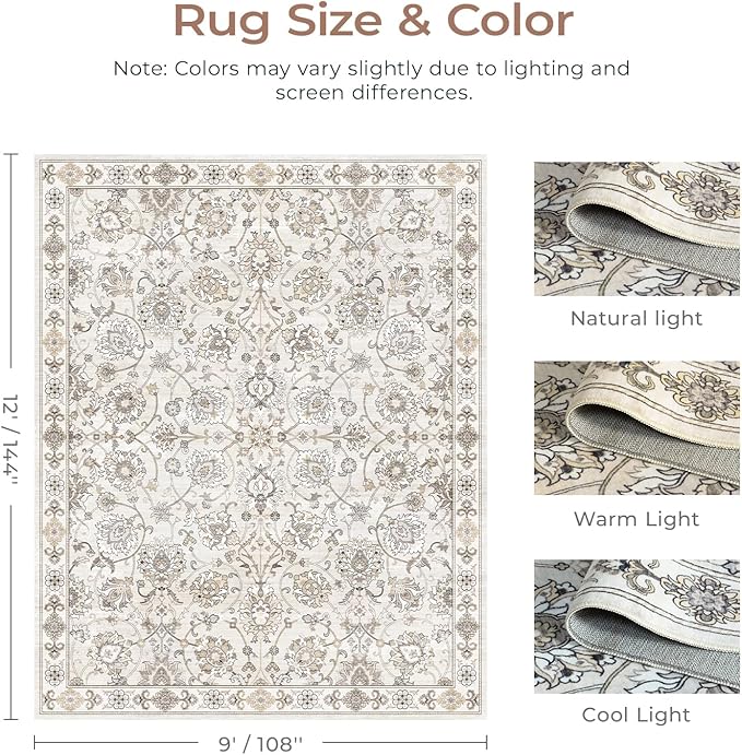 9x12 Neutral Area Rug for Living Room, Washable Large Rugs, Vintage Floral Soft Carpet, Non Slip & Low Pile, Wool Carpets for Indoor Bedroom Dining Home Playroom Office Under Table, Beige