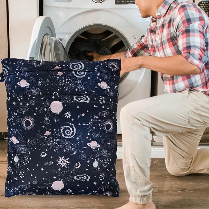 2pcs Travel Waterproof Laundry Bag, Cloth Diaper Wet Dry Bags with Handle & 2 Zipper Pockets, Reusable Washable Dirty Clothes Bag for Baby Adult Travelling Hanging, Bathing Beach Pool Daycare