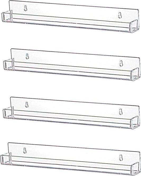 IEEK 4 PCS Floating Invisible Kids Bookshelf Wall Mounted Nail Polish Rack,Clear Acrylic Picture Ledge Vinyl Record Display Shelf Nail Polish Holder with Removable Anti-Slip End Inserts,15 inch