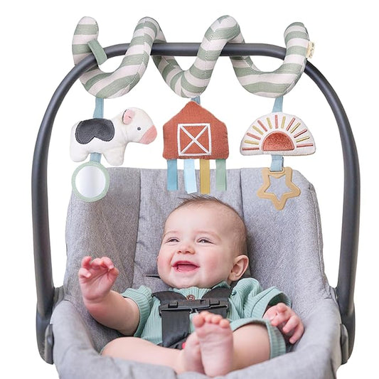 Itzy Ritzy Spiral Car Seat & Stroller Activity Toy - Stroller & Car Seat Toys for Ages 0 Months and Up - Hanging Toys Include Dangling Ring, Mirror and Textured Ribbons (Farm)