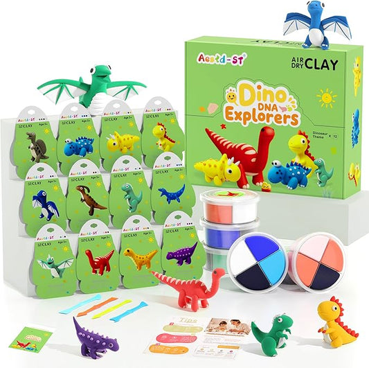 Air Dry Clay Kit - Dinosaur Theme, Modeling Clay for Kids, DIY Model Magic with Sculpting Tools and Tutorials, 12 Boxes Molding Clays, Ultra Light, Soft & Non-Toxic, Arts and Crafts Gift for Kids