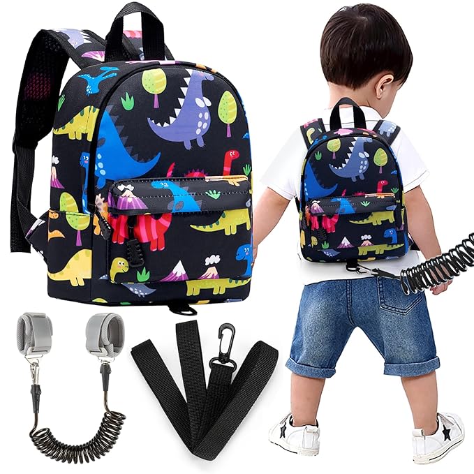 Accmor Toddler Leash Baby Dinosaur Backpack Harness with Anti Lost Wrist Link, Cute Mini Child Daycare Bag with Tether Hold Kids Close While Outdoor Walking for Baby Boys Girls