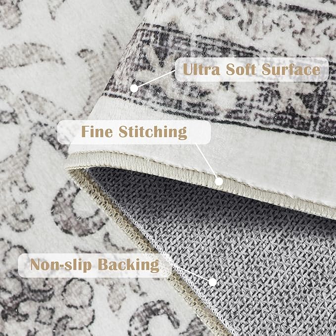 jinchan Floral 2x3 Rugs for Entryway - Machine Washable Beige Vintage Distressed Boho Design Soft Faux Wool Small Non-Slip Doormat for Entrance Kitchen Living Room Bedroom Farmhouse (2‘x3',Beige)