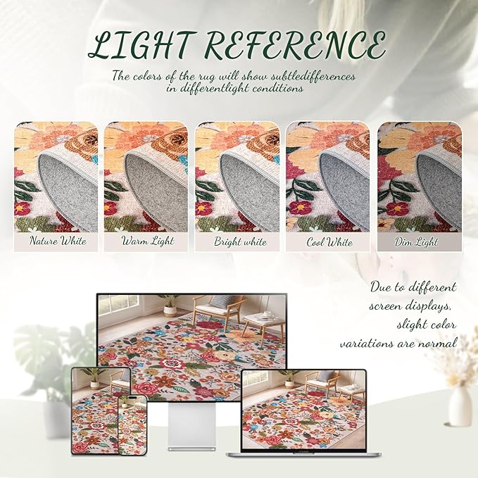 9x12 Area Rug for Living Room: Vintage Floral Washable Rug Soft Boho Non Slip Carpet Large Indoor Floor Non Shedding Low Pile Thin Carpets for Bedroom Dining Room Farmhouse Nursery Home Office Beige