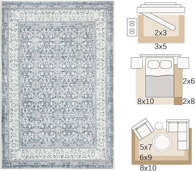 jinchan Floral 3x5 Area Rugs for Entryway - Taupe Vintage Distressed Design Doormat Non-Slip Ultra-Thin Low Pile Boho Rug for Kitchen Living Room Bedroom Farmhouse (3‘x5',Grey)