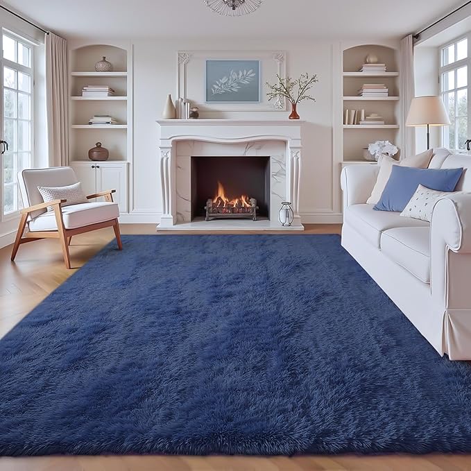 6x9 Area Rug for Living Room: Fluffy Shag Soft Washable Rugs Large Fuzzy Plush Indoor Carpet for Bedroom Nursery Playroom Kids Girls Boys Room (Navy Blue, 6'x9')