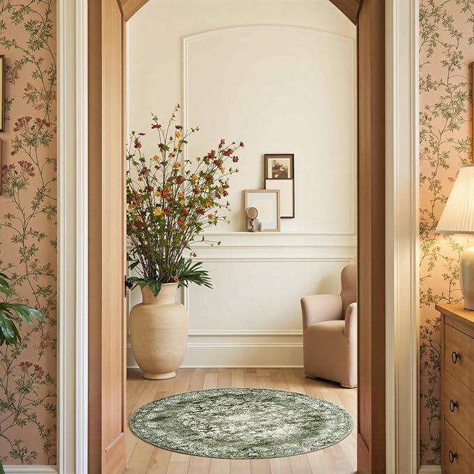 jinchan Round Rug 4ft Area Rug - Green Vintage Floor Mat Kitchen Indoor - Washable Circle 4' Thin Floral Print Carpet Retro Farmhouse Non Slip Dining Room Living Room Bedroom Office