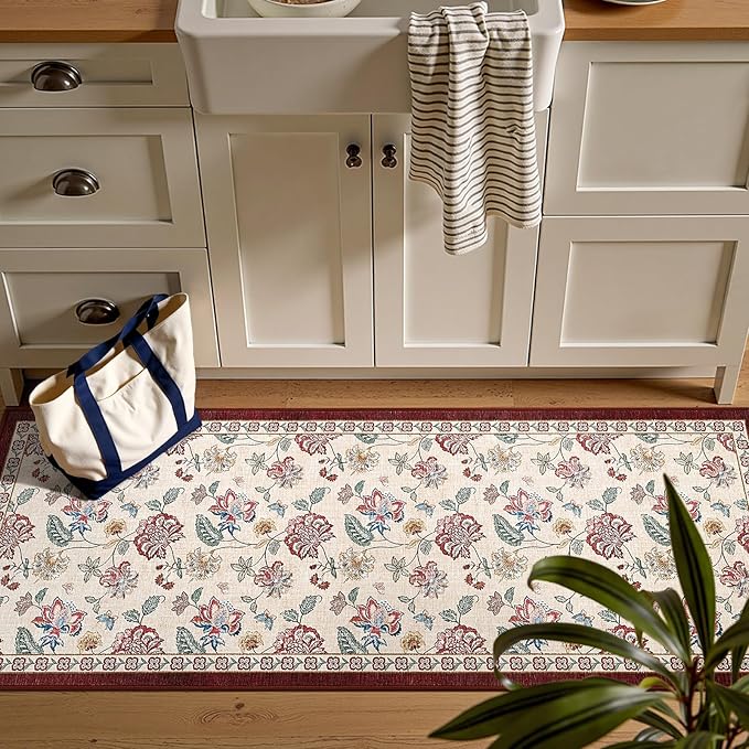 jinchan 2x5 Floral Runner Rug for Hallway Washable Kitchen Runner Vintage Romance Design Non Slip Thin Indoor Floor Cover Low-Profile Throw Carpet for Entryway Bathroom Bedroom Porch, Red/Beige
