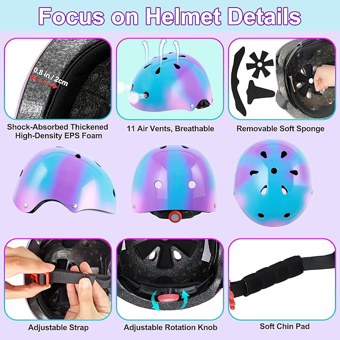 Kids Bike Helmet with DIY Stickers and Knee Pads Elbow Pads Wrist Guard Set for Ages 3-8-14 Toddler Boys Girls Helmet for Roller Skates Cycling Skateboarding Bicycle Scooter