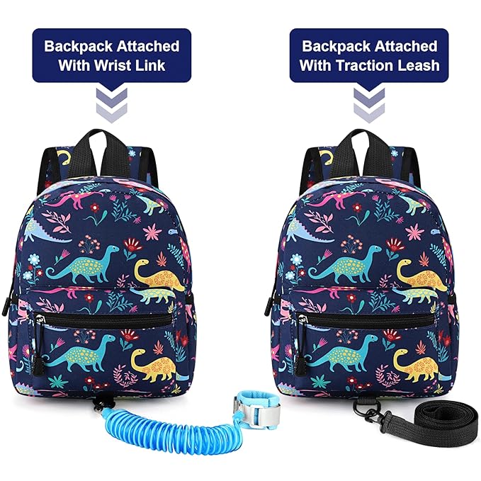 Accmor Toddler Backpack Leash with Anti Lost Wrist Link, Cute Mini Child Walking Harnesses Keep Kids Close Back Pack Rope Tether Rein for Baby Boys (Navy Blue/Dinosaur)