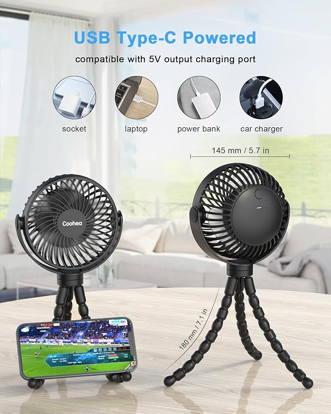 Stroller Fan Clip on for Baby, 4000mAh Rechargeable Battery Operated, Flexible Tripod, 3 Wind Speed, 360° Rotatable, Small Cooling Portable Fan for Car Seat Crib Golf Cart Bike Treadmill, Black