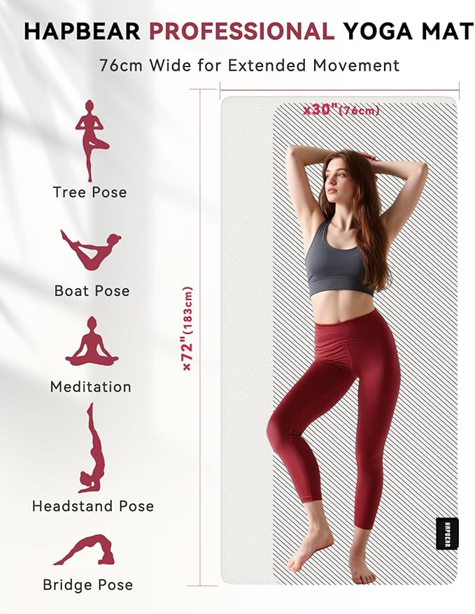 HAPBEAR Large Yoga Mat 72"x30" - 5mm Thick PU Top & Rubber Bottom - Non-Slip Wide Exercise Mat with Dual Layers - High Shock Absorption for Professional Yogis & Home Workouts - Bonus Oxford Bag Included