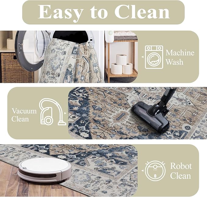 4x6 Washable Area Rug for Living Room, Carpet for Bedroom, Soft Faux Wool Retro Dining Room Rug, Non Slip&Non-Shedding Resistant Low Pile Vintage Print Rug for Home Office (Taupe/Blue)