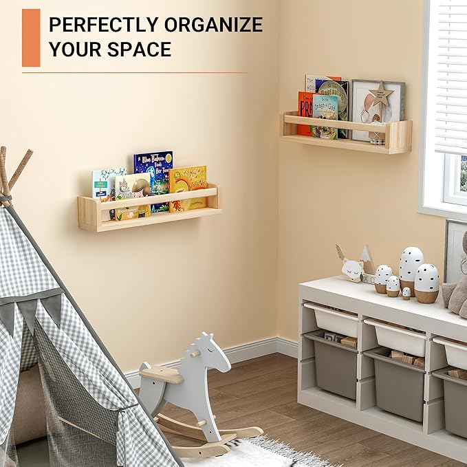 Heimlove Nursery Floating Shelves, Wood Nursery Book Shelves for Wall, 16 inch Wall Bookshelf for Kids Solid Wood Wall Mounted Shelves for Books,Toys and Decor Storage, Set of 2