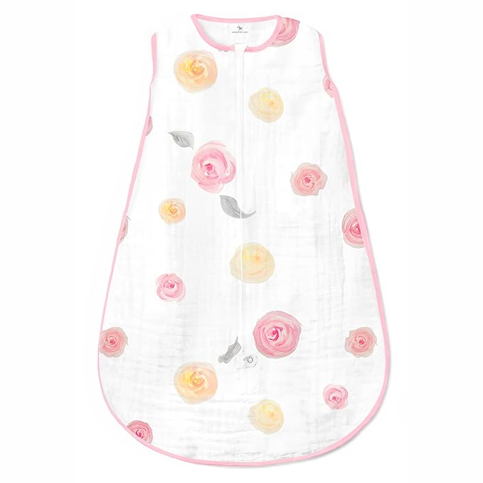 Amazing Baby Cotton Muslin Sleeping Sack, For Baby Girl, Wearable Blanket with 2-way Zipper, Watercolor Roses, Pink, Medium (6-12 Month)