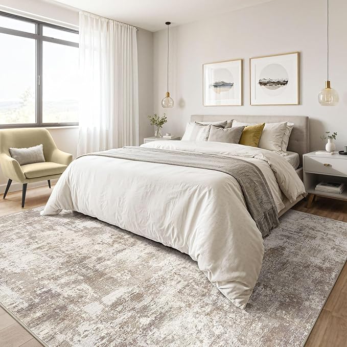 10x14 Area Rugs Living Room: Washable Large Abstract Soft Rug Stain Resistant Indoor Floor Non-Slip Accent Carpet for Women Modern Home Enthusiasts Aged 25-45 - Bedroom Nursery Playroom- Beige Brown