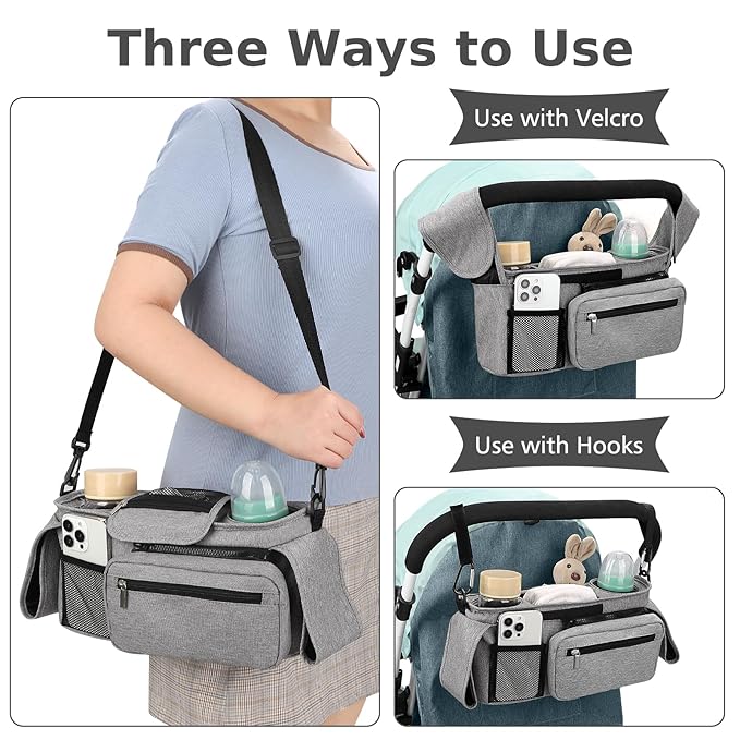 Accmor Universal Stroller Organizer with Insulated Cup Holder Detachable Phone Bag and Shoulder Strap,Stroller Bag Caddy Organizer Fits for Uppababy, Baby Jogger, Britax Strollers