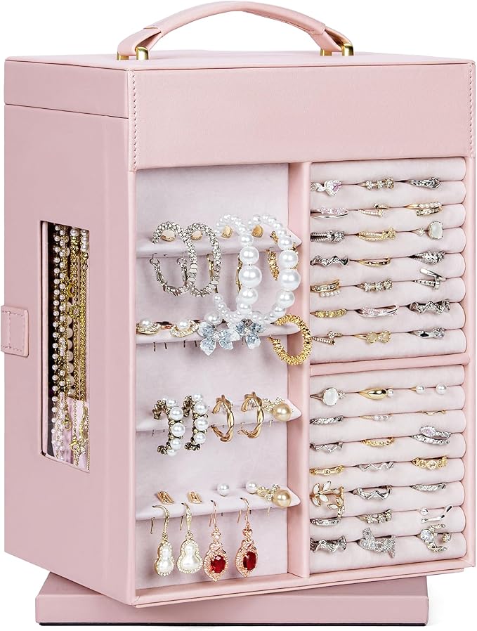 AKOZLIN 360° Rotating Jewelry Box 6-Tier Organizer Functional Jewelry Storage Case for Women Girls Ring Necklace Earring Bracelet Holder with Mirror Pink