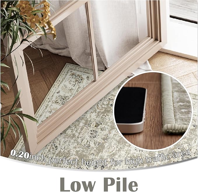 jinchan Runner Rug 2x6 Washable Hallway Runner - Vintage Floral Non Slip Low-Pile Soft Thin Kitchen Rug Distressed Carpet for Farmhouse Bedroom Entryway Laundry Room(2x6ft,Taupe)