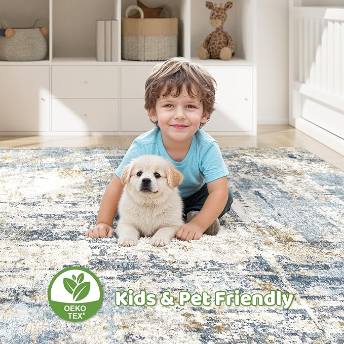 9x12 Area Rug Living Room: Washable Large Abstract Modern Soft Stain Resistant Indoor Floor Rugs Non Slip Accent Carpet for Bedroom Nursery Playroom Office Dining Room Dorm Home House- Blue