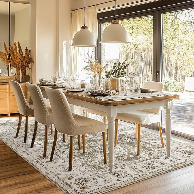 jinchan 6x9 Area Rugs for Living Room - Machine Washable Vintage Floral Distressed Design Stain Resistant Boho Carpet Ultra-Thin Low Pile Non-Slip Rug for Bedroom Dining Room Home Office (6‘x9',Taupe)