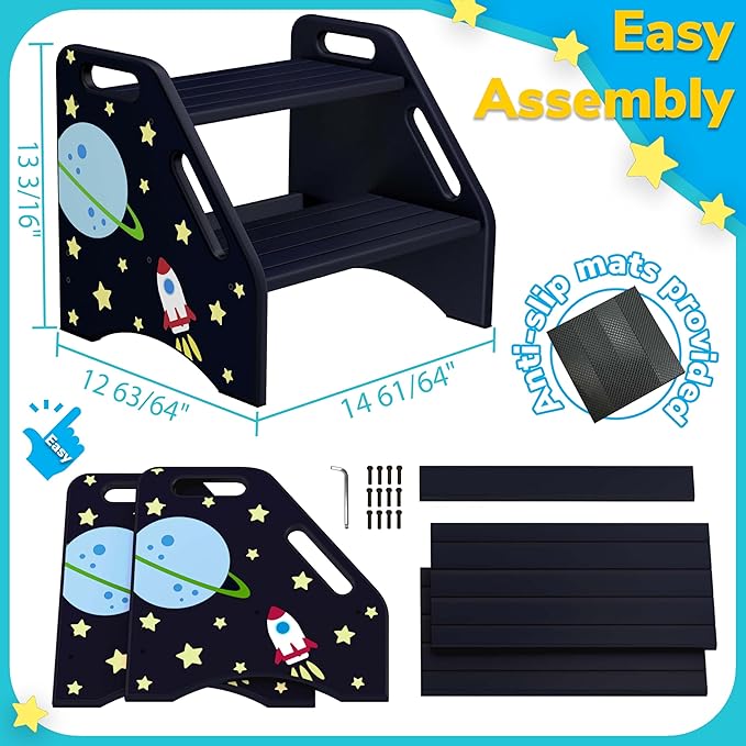 AMBIRD Toddler Step Stool, Space Wooden Two Step Stool for Kids with Non-Slip Pads, Portable Potty Training Stool with Handles for Bathroom, Sink, Kitchen, Bedroom
