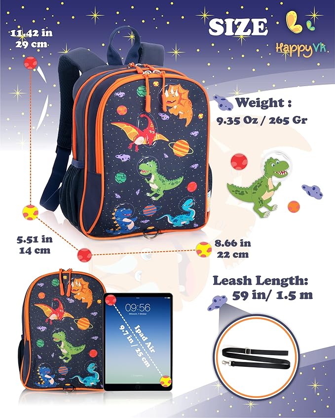 HappyVk- Backpack with Leash for Kids-Anti Lost Walking Toddler Leash-Dinosaur design-for 1-4 Years Old Boys, Girls