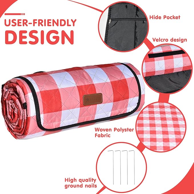 HX&OD Outdoor Picnic Blanket, Extra Large, 80''x60'' Waterproof Foldable Blankets Gingham Picnic Mat for Beach, Camping Grass Lawn Park Accessories Cute Couple Ideas Wedding (Red, 80”x60”)