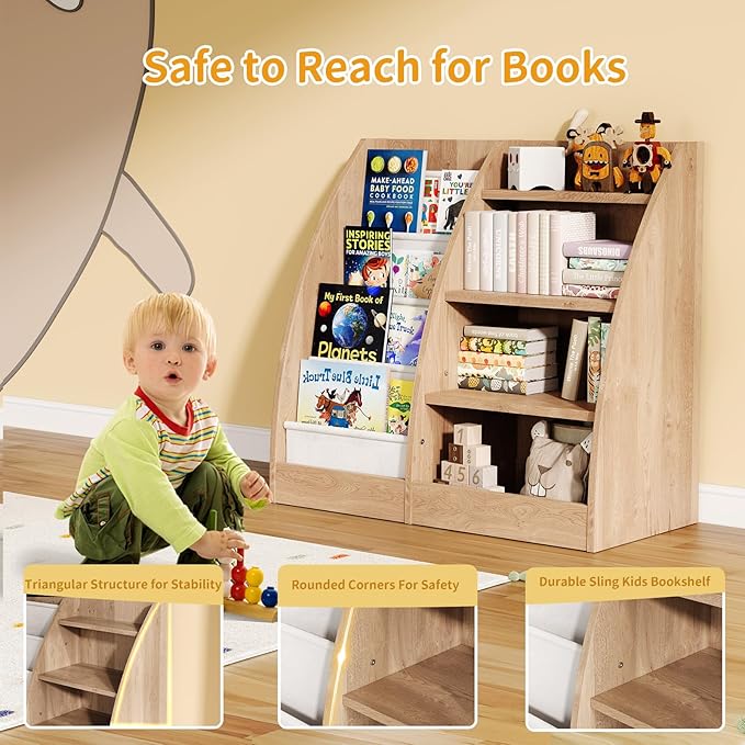 4 Tier Kids Bookshelf,4 Layer Sling Kids Book Shelf for Kids Rooms,Wood Children Bookcase,Baby Storage Book Rack,Toddler Bookshelf, Book and Toy Organizer,Book Display Shelf for Bedroom, Nursery