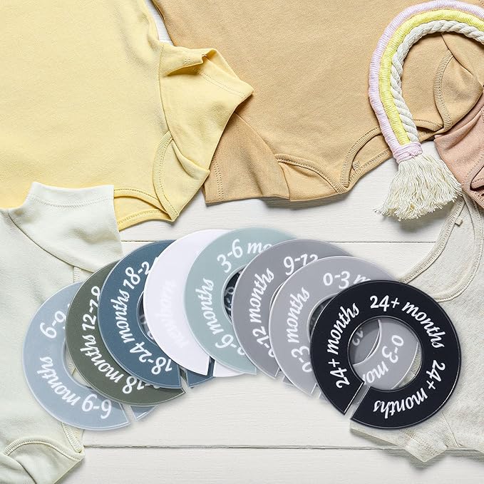 8 Pcs Baby Closet Dividers Unisex Baby Clothes Organizers Clear Labels for Nursery Closet Organizer & Decor Nursery Fits Most Rods(Modern,Cool Colors)