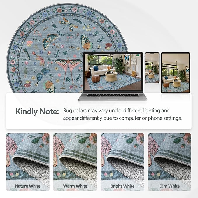 6ft Washable Round Rug - Bug Rugs for Living Room Non-Slip Low Pile Soft Ultra-Thin Machine Washable Circle Carpet for Bedroom, Entryway, Nursery, Kitchen, Home Office (6' Round Blue)