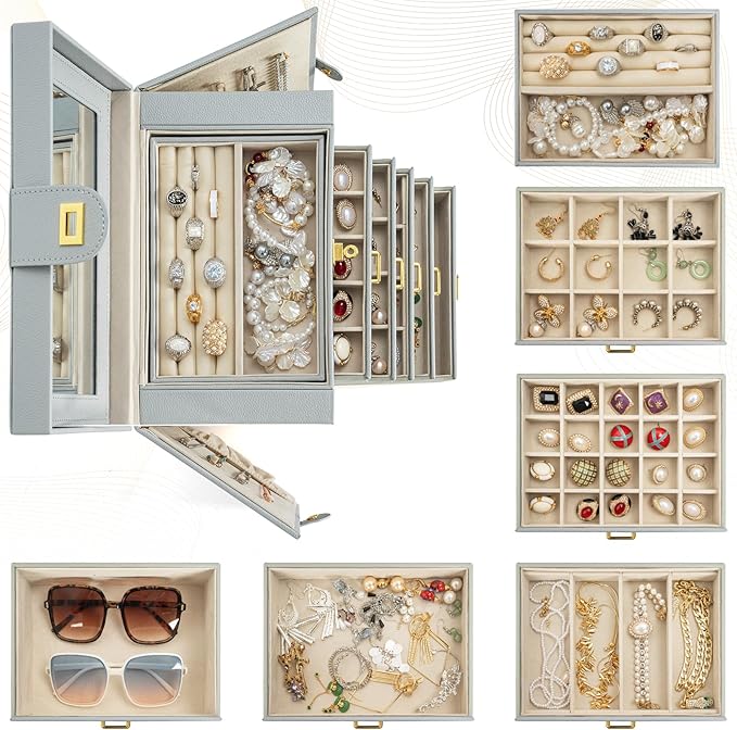 AKOZLIN Large Jewelry Box Organizer Functional Lockable with Big Mirror, Leather Jewelry Storage Case for Women Girls Ring Necklace Earring Bracelet Holder Organizer Grey