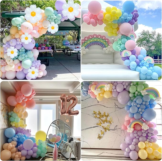 219Pcs Daisy Balloon Arch Garland Kit - Pastel Rainbow Balloons Arch Kit with Daisy Balloons,Banner,Cake Toppers,12 3D Butterfly, for Birthday Party, Baby Shower, Flower Themed Party Decorations