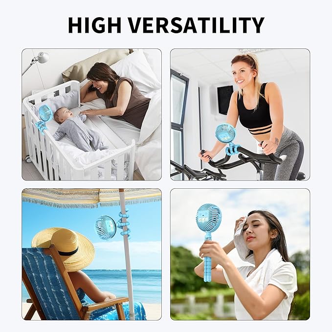 AMACOOL Battery Operated Stroller Fan Flexible Tripod Clip On Fan with 3 Speeds and Rotatable Handheld Personal Fans for Car Seat Crib Bike Treadmill (Blue)