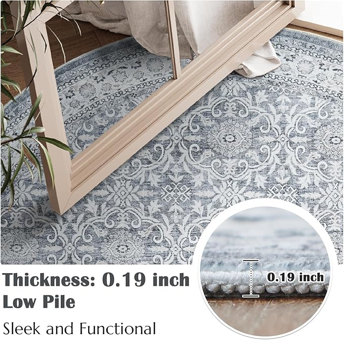 jinchan Round Rug 4ft Washable Circle Soft Rug - Low Pile Vintage 4'Round Indoor Grey Floral Print Stain Resistant Boho Carpet Ultra-Thin Non-Slip for Entryway Nursery Bedroom Dining Room Kitchen