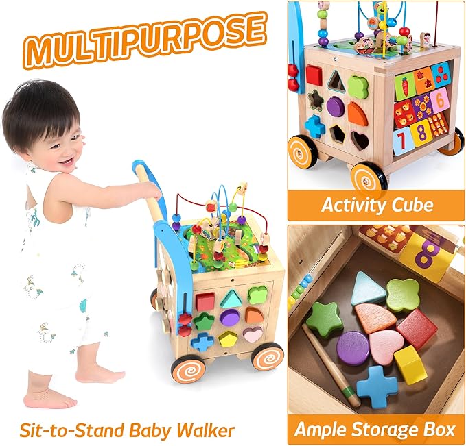 9-in-1 Wooden Activity Cube | Wooden Baby Walker, Sit-to-Stand Learning Walker Activity Center, Early Educational Push & Pull Toys for Baby Toddler Boys Girls, Height & Brake Adjustable