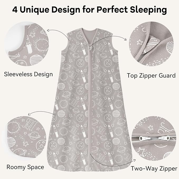 Baby Sleep Sack 18-24 Months 3 Pack 100% Cotton Lightweight 0.5 TOG Wearable Blanket Baby Sleep Bag with 2-Way Zipper for Newborn Infant White Gray Blue Space