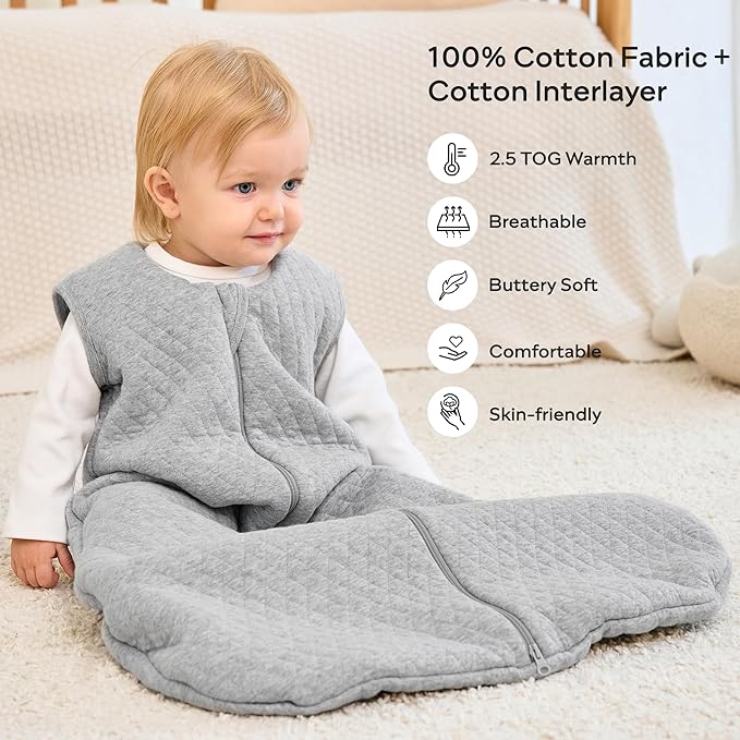 JELLYMONI Baby Sleep Sack TOG 2.5, 12-18 Months Winter Baby Wearable Blanket, 100% Cotton Infant Sleeping Sack 2-Way Zipper Warm Quilted Sleepsack