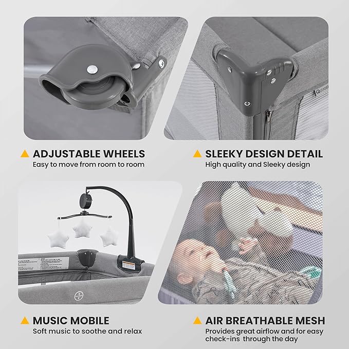 2-in-1 Baby Playard, Pack and Play Bassinet, Easy Folding Portable Crib with Music Mobile for Newborn to Toddlers (Grey)