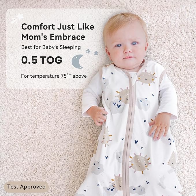 Baby Sleep Sack 6-12 Months 0.5 Tog Wearable Blanket Baby, 3 Pack 100% Cotton Lightweight Sleeping Sack with 2-Way Zipper for Newborn Infant Apricot White Sun Clouds