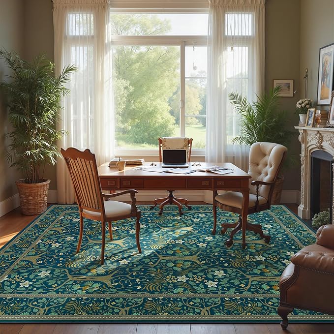 Joydeco Washable Large Area Rug 8x10, Boho Floral Rugs for Living Room Non Slip, Soft Low-Pile Botanical Forest Indoor Floor Throw Carpet for Dining Home Office Playroom, Dark Blue