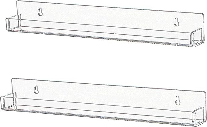 IEEK Nail Polish Rack Wall Mounted Shelf 2 Pack,Clear Kids Wall Bookshelf Acrylic Nail Polish Holder with Removable Anti-Slip End Inserts,2 Tiers Floating Polish Organizer Display 30 Bottles