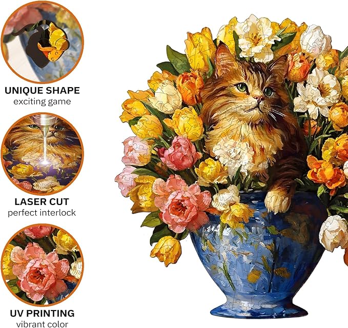 Jigfoxy Wooden Puzzles for Adults, The Vase Cat Wood Puzzles Adult, Unique Animal Shape Wooden Jigsaw Puzzles for Adults, Birthday Gifts for Puzzle Lovers, Family, Friend (S-7.4 * 7.7in-86pcs)